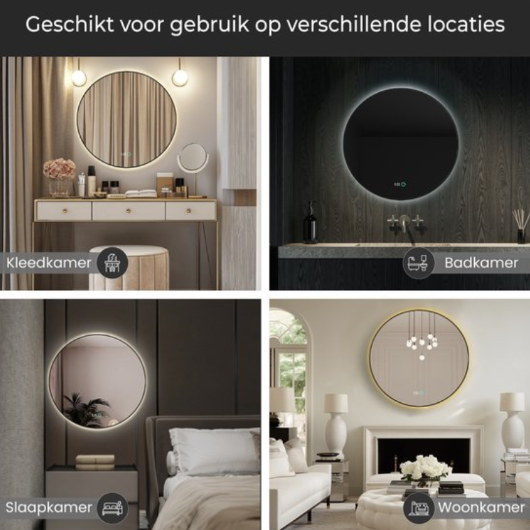 Lumoire Neon 8000 Spiegel met Verlichting - Zwarte Rand - Ø 80 cm - Rond, Anticondens, Klok