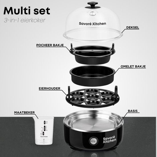 Savoré Kitchen 3-in-1 Eierkoker 7 Eieren - Electrisch - Eierkokers met Timer - Zwart