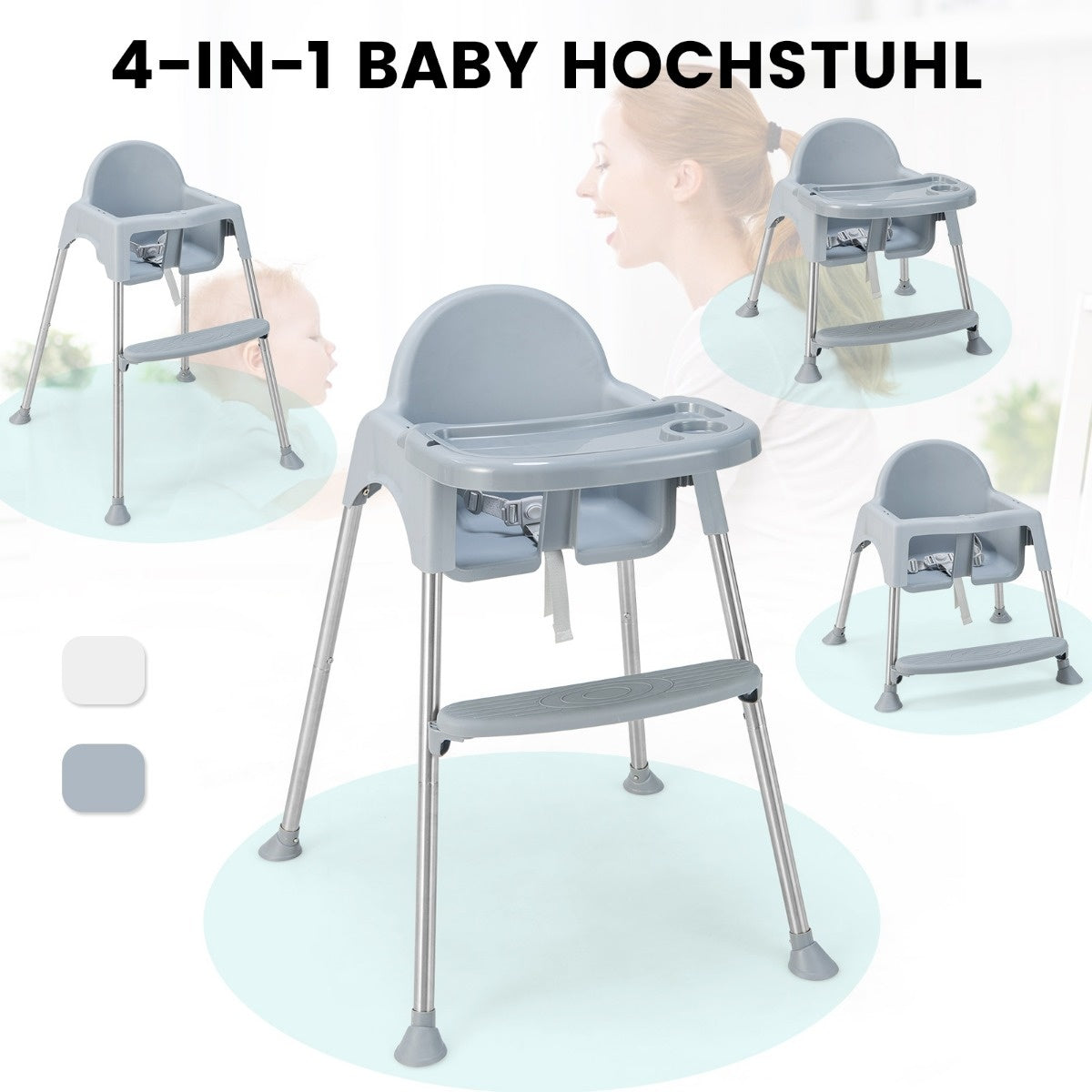 Coast 4 in 1 babyshoedelstoel gemaakt van PP & roestvrijstalen hoge stoel converteerbaar met verwijderbare dubbele lade grijs