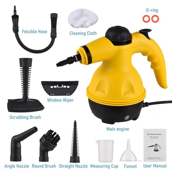 Fuegobird A001 Handheld Stoomreinigers - 1000W Handstomer - Vlekkenreiniger - Tapijtreiniger - 9 Opzetstukken - Vloeren, Bank, Tapijt, Badkamer & Keuken - 450ML Tank - Geel