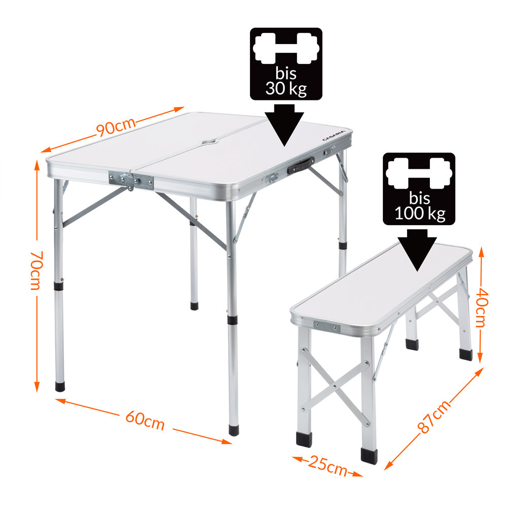 Casaria Campingtafel Aluminium – Incl. 2 Banken/Inklapbaar - Wit