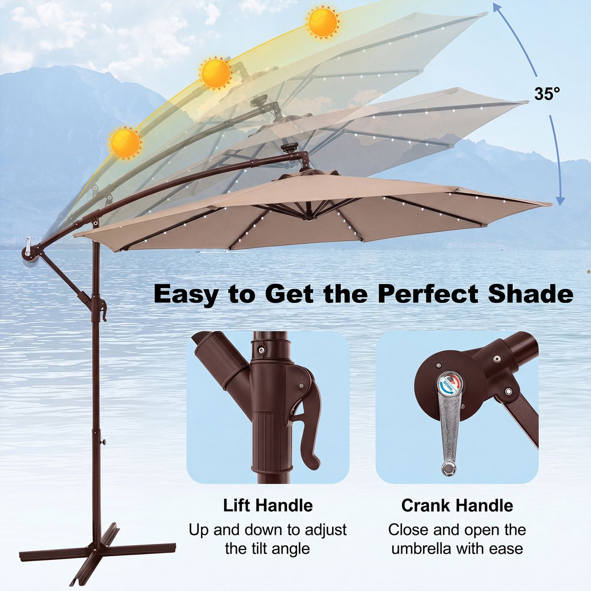 Coast Hangparasol op zonne-energie - 40 LED lampen - draaibaar en kantelbaar - bruin - 300 x 300 x 250 cm