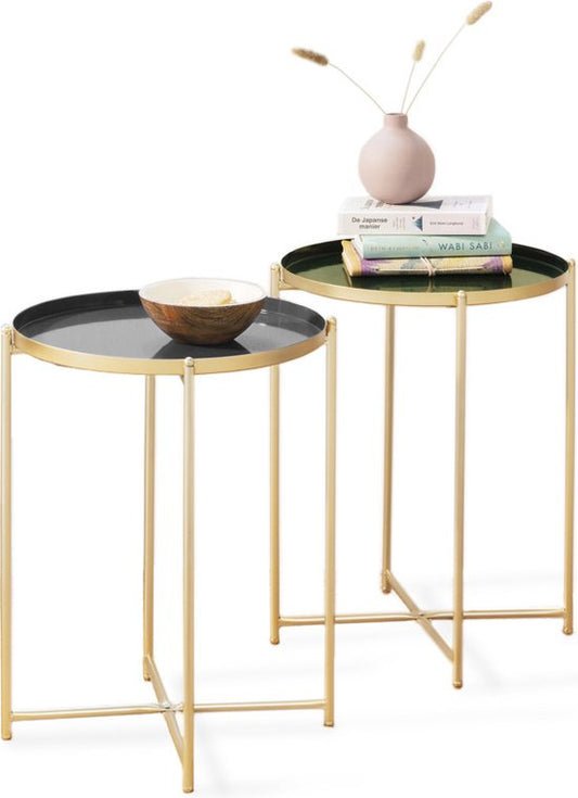 LIFA LIVING Bijzettafel Modern - Grijs & Gouden Koffietafel - Rond - Metaal - Voor Woonkamer, Slaapkamer of Kantoor - 37,5 x 47,5 cm