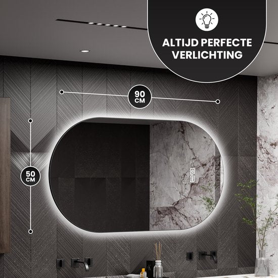 Bayt Badkamerspiegel - Badkamerspiegel met Verlichting - Ovale Spiegel - Wandspiegel - 2 lichtstanden - Anti-Condens - 50 x 90 cm