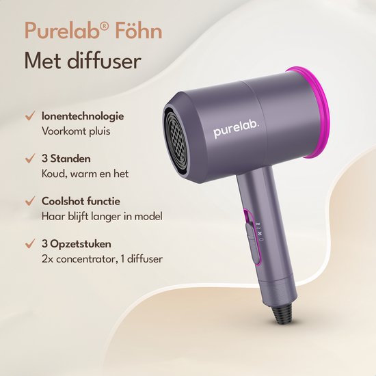 Purelab Föhn met Diffuser 2000W - Ionische Haardroger met Coolshot Technologie - Hair Dryer met 3 Standen - Krullen - Haarföhn Zwart