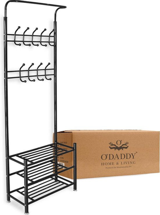 O'DADDY® kapstok staand – kapstokken - kapstok met schoenenrek – kapstok zwart - garderoberek - garderoberek met kapstok - garderoberek met schoenenrek- garderoberek metaal - 66 x 30 x 190 cm - zwart