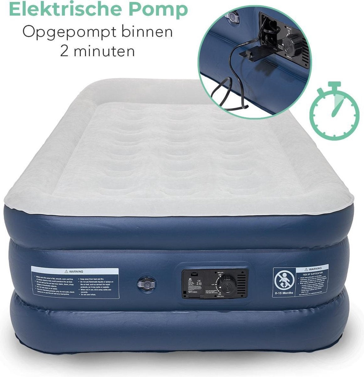 LifeGoods Luchtbed - 1 Persoons - met Ingebouwde Pomp - Incl. Draagtas en Reparatiekit - Blauw/Wit