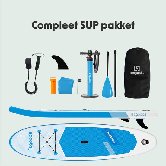 LifeGoods SUP Board Allround Compact - 100 KG Draagkracht - 300 x 76 cm - Opblaasbaar - Compleet SUP pakket - Wit/Sky Blue