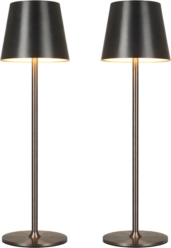 Draadloze Tafellamp - Draadloos en USB-C-Oplaadbaar – 3 LED Lichtkleuren – Binnen en Buiten – Set van 2 Stuks - Antraciet - BREND BR-2247