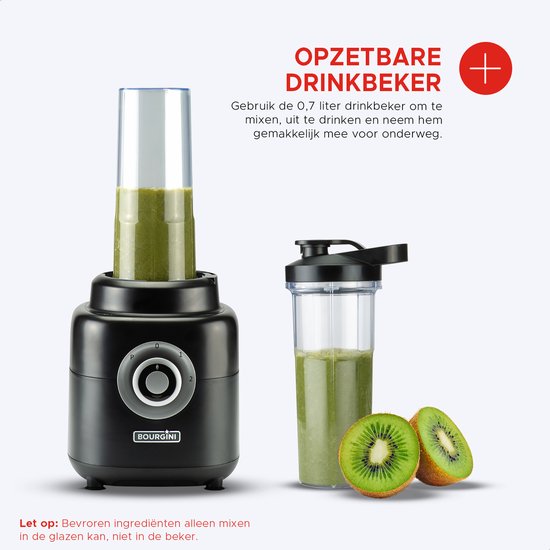 Bourgini PowerBlender - 1.75L - Blender to go met 700ml beker - Blender smoothie en ijscrusher - 1000 Watt - Zwart