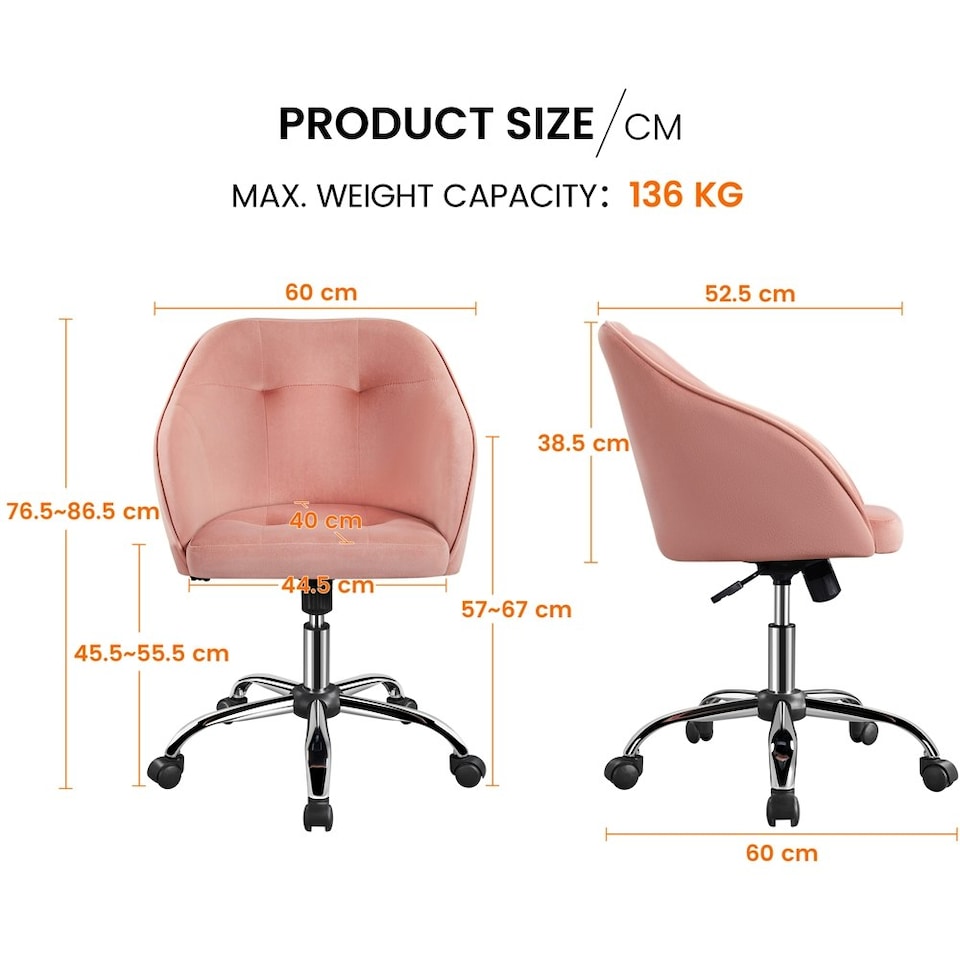 Yaheetech Ergonomische Bureaustoel Fluweel - Verstelbaar 76,5 tot 86,5 cm - 60 x 60 cm - Lichtroze