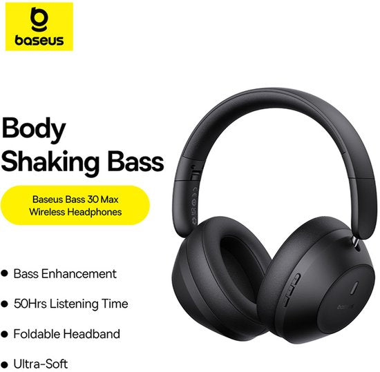 Baseus Bass 30 Max bluetooth koptelefoon,Hoofdtelefoon draadloos -Over-ear Koptelefoon-50 uur accuduur, Bluetooth 5.3 Zwart