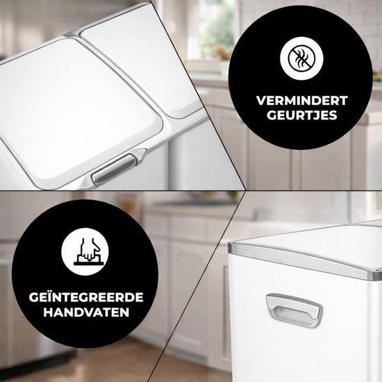 Bayt Prullenbak - Prullenbak 60 Liter - Vuilnisbak 60 Liter - Pedaalemmer 60 Liter - Prullenbak Afvalscheiding - Prullenbak 3 Vakken - Afvalbak - RVS - Wit