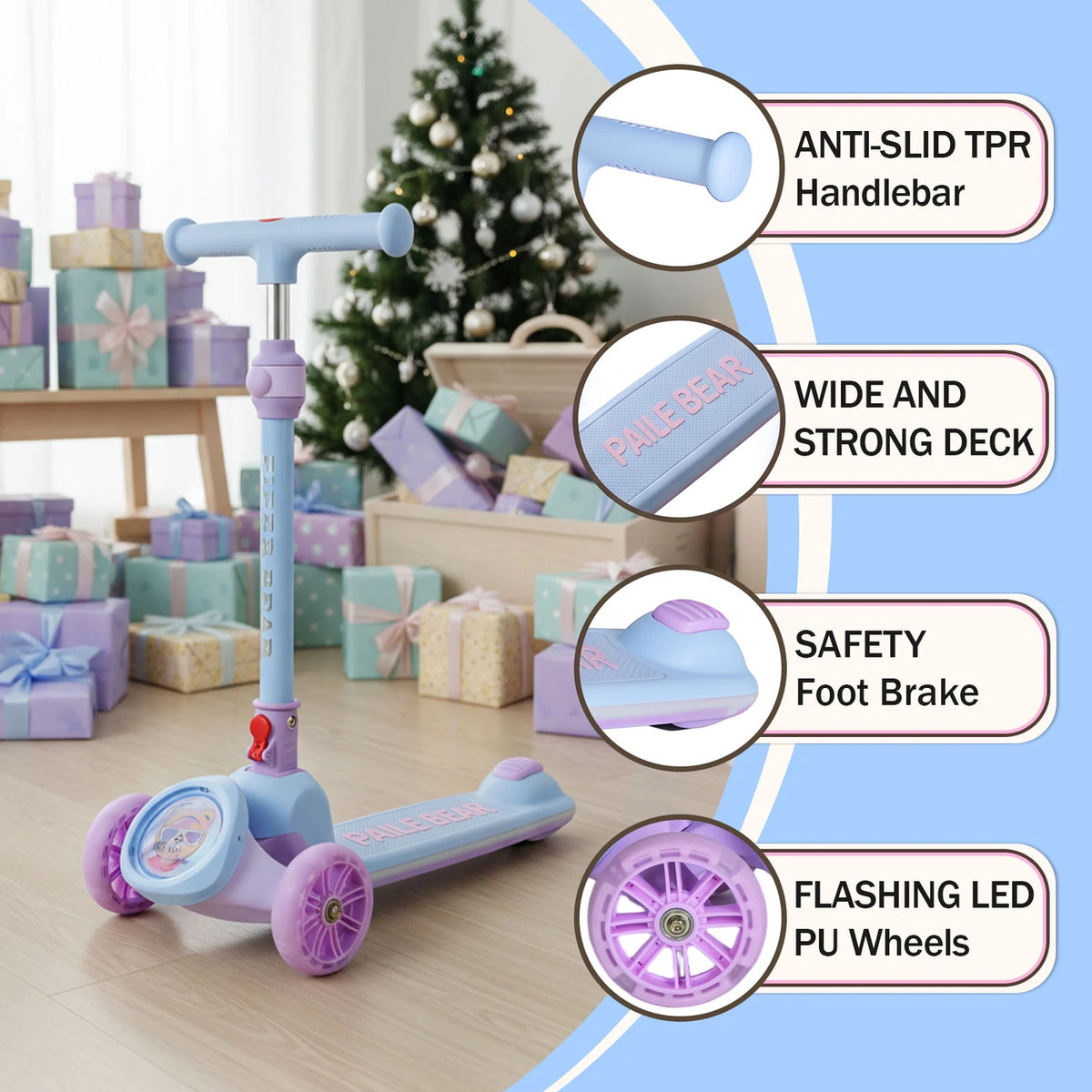 Neuleb Kinderstep KS001 - 3 Wielen met Ledverlichting - Verstelbaar Stuur - Brede Antislip Voetplank - Voor 3 tot 10 Jaar