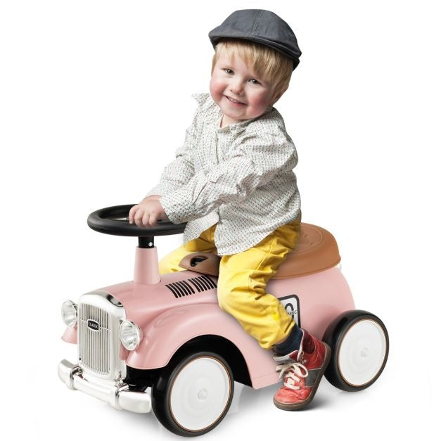 Retro Kinderspeelauto Functioneel Stuur Opbergruimte Onder de Stoel Grote EVA Wielen Loopauto op Vloerhoogte met Leuke Stickers Roze