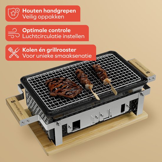 KitchenBrothers Kamado Hibachi Grill - PFAS Vrij - Met Grillrek en Stokjes - Houtskool Barbecue - Shichirin Tafelgrill - Rechthoekige BBQ - Keramische Barbecue - Zwart