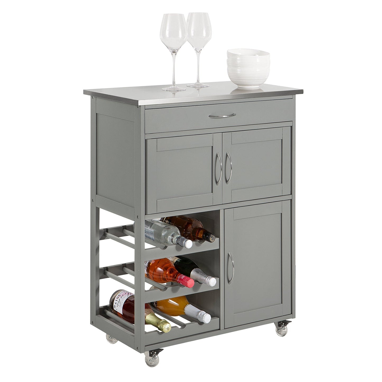 SoBuy Keukenwagen met 1 lade, 3 deuren & 3 wijn opbergplanken - Max. 60KG - 67 x 87 x 38 cm - Grijs