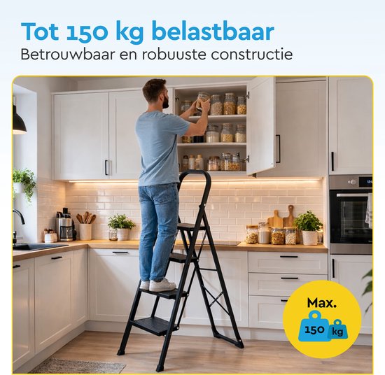 BRASQ Huishoudtrap 4-treden Zwart - keukentrap inklapbaar metaal voor Particulier en professioneel gebruik - Trap Ladder - Anti slip
