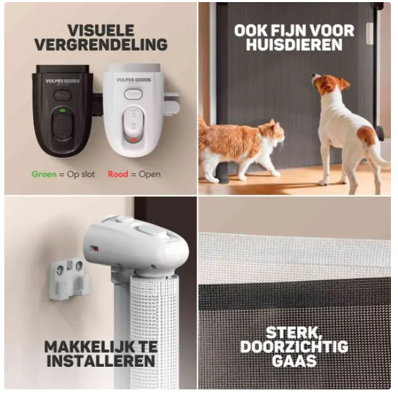 Vulpes Goods® – Oprolbaar Traphekje – 145 x 84 cm – Voorzien Van Push-En-Lock Kinderslot En Kleurindicator En Eénhandige Bediening – Voor Kinderen En Huisdieren – Wit Kunststof En Gaas