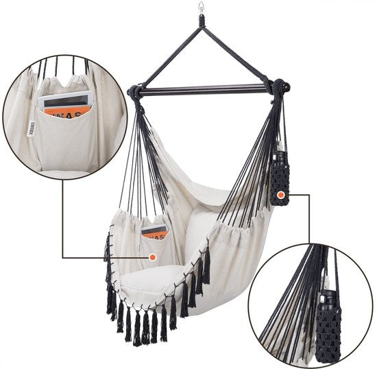 Detex Hangstoel Bohemian – Incl. Fleshouder 2 Kussens XL - Crème