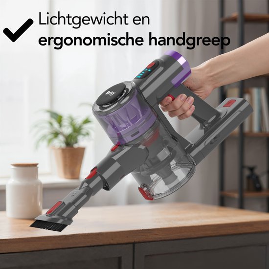 Brixy Steelstofzuiger Draadloos - 30 kPa Zuigkracht - 50 Min Gebruiktijd - Meerdere Filters - Kruimeldief - Draadloze Stofzuiger - Vacuum Cleaner - Grijs/Paars