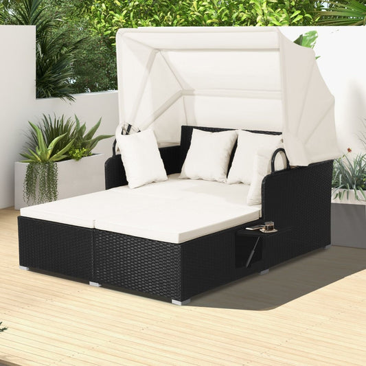 Coast Rotan Ligbed voor 2 Personen - Met dak en uitklapbare zijtafels - Zwart 165 x 153 x 138 cm