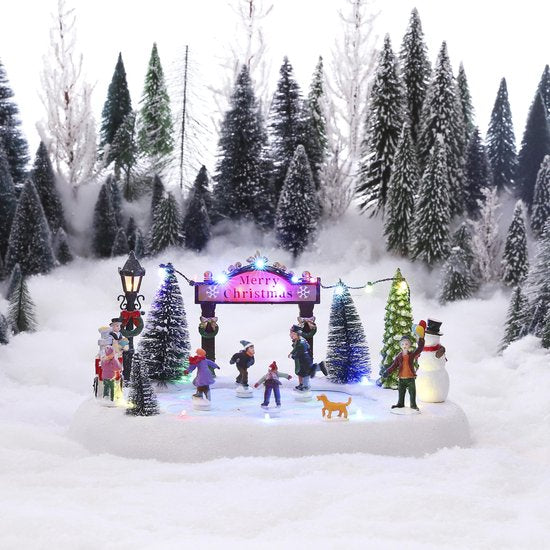 LuVille Kerstdorp Miniatuur Schaatsen op de Vijver - L32 x B25 x H15 cm