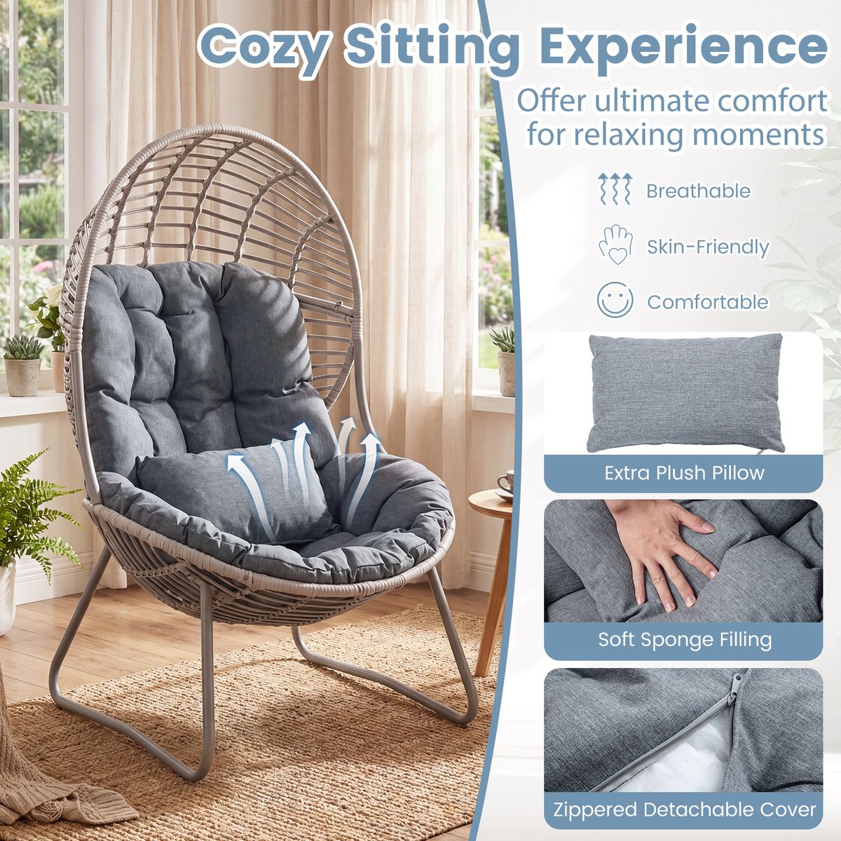 Coast Loungestoel van rattan - ei-vormig ontwerp - afneembare kussens - grijs