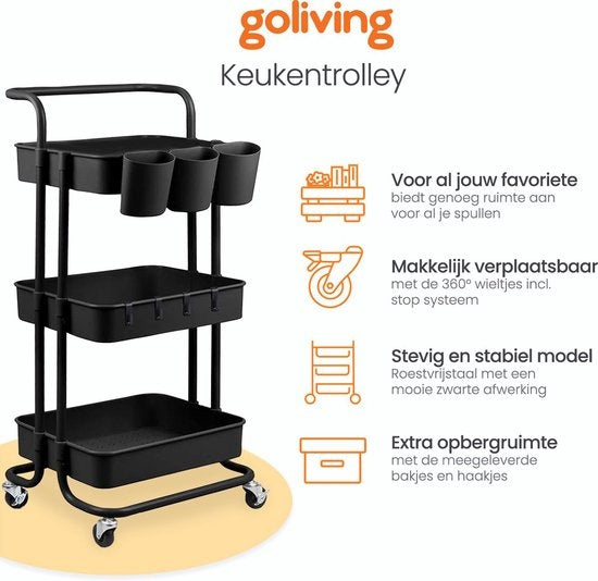 Goliving Keukentrolley op wieltjes - Serveerwagen - Keuken Trolley - Met Haakjes en Bakjes - Verrijdbaar en Vast - 3 Lagen - Zwart