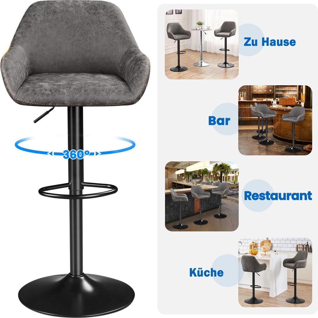 Yaheetech 2er Set Barkrukken met Rugleuning - Draaibaar 360° - In Hoogte Verstelbaar 87,5-107,5 cm - Kunstleer en Metaal - Grijs