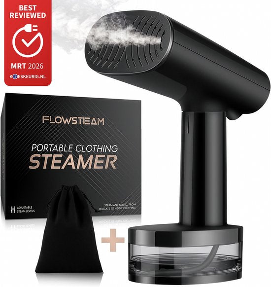 FLOWSTEAM® Luxe Kledingstomer - Handstomer - Stoomreiniger - Stoomapparaat Kleding - Matte Black Edition - Inclusief Opbergzakje