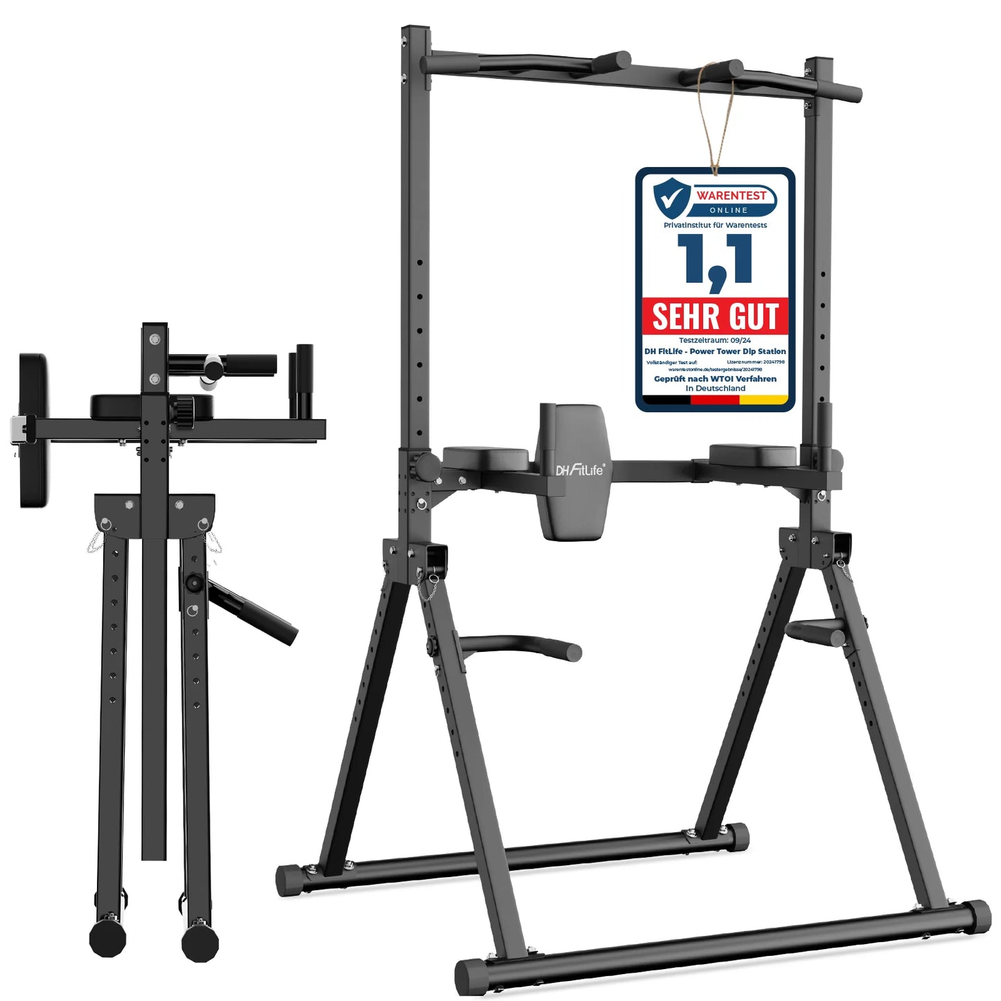 DH FitLife Opvouwbare Power Tower Dip Station – Vrijstaande Optrekstang tot 150 kg voor Thuisgym
