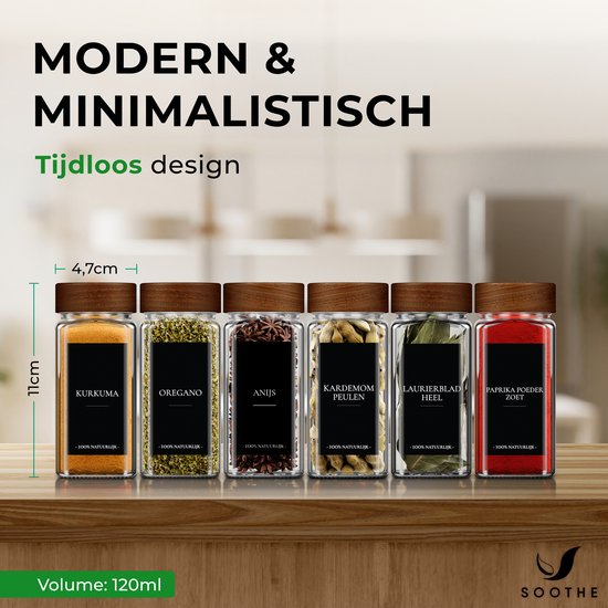 Soothe 24 Glazen Kruidenpotjes Vierkant met Acacia Deksel – 2 Soorten Strooideksels – Kruidenstrooier – Spice Jars – Complete Set incl Kruiden Stickers, Krijtstift en Accessoires – 120ml