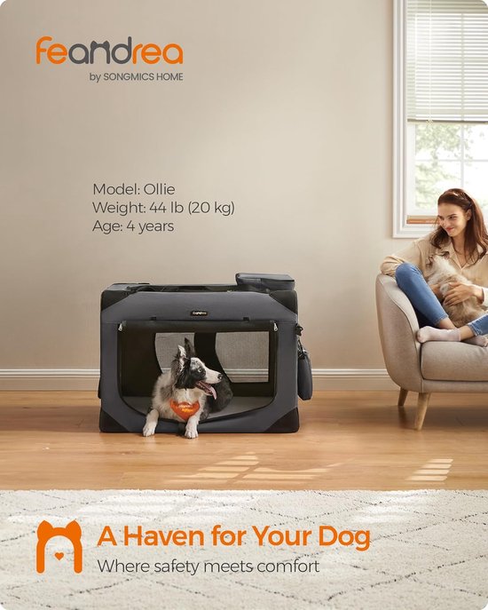 Feandrea Opvouwbare Reistas voor Huisdieren PDC90G01 – Grote Soft Travel Crate voor honden en katten, 91 × 63 × 63 cm – Grijs – Ademend met netvensters en opbergvakken
