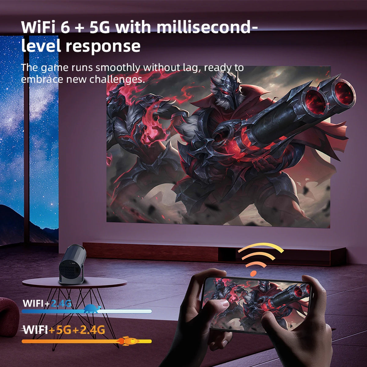 XBJ Draagbare Mini Beamer - Blauw - Android 11 - WiFi 6 & Bluetooth 5.2 - 200 ANSI - 180° Draaibaar - Beeld 40 tot 200 Inch - 14 x 11,9 x 21,8 cm