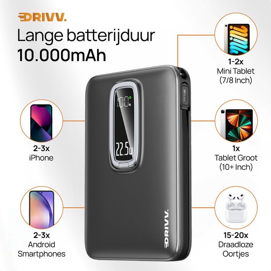 Powerbank 10.000 mAh geschikt voor MagSafe met USB C Kabel - 3 in 1 Ontwerp - 22.5W Draadloze Powerbank - Inclusief 60W Oplaadkabel - Snellaadfunctie - USB & USB C - Zwart