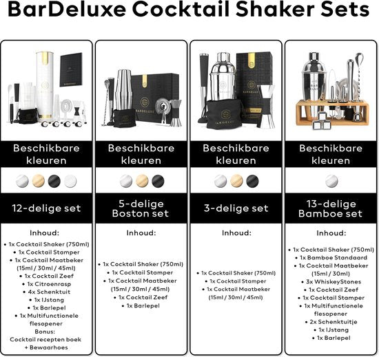 BarDeluxe® Cocktail Set - 12-Delig - Cocktailshaker 750 ml - Roestvrij Staal - Inclusief Luxe Geschenkdoos - Opbergtasje & Receptenboek - Wit