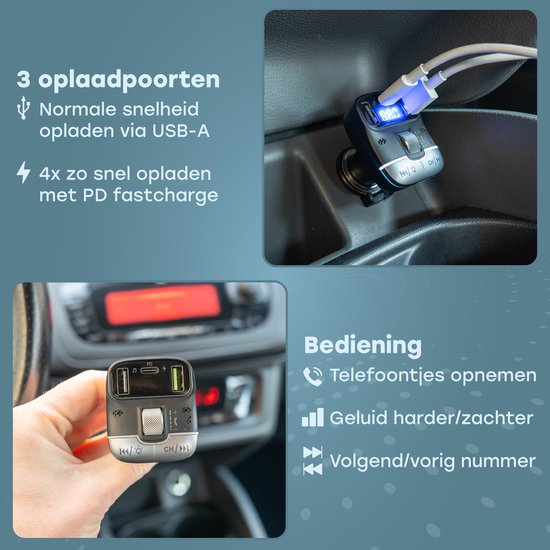 Audyn Bluetooth FM Transmitter - USB-A & USB-C - Bluetooth-ontvanger - Snellader - Autolader - Carkit - Auto Accessoires - RGB