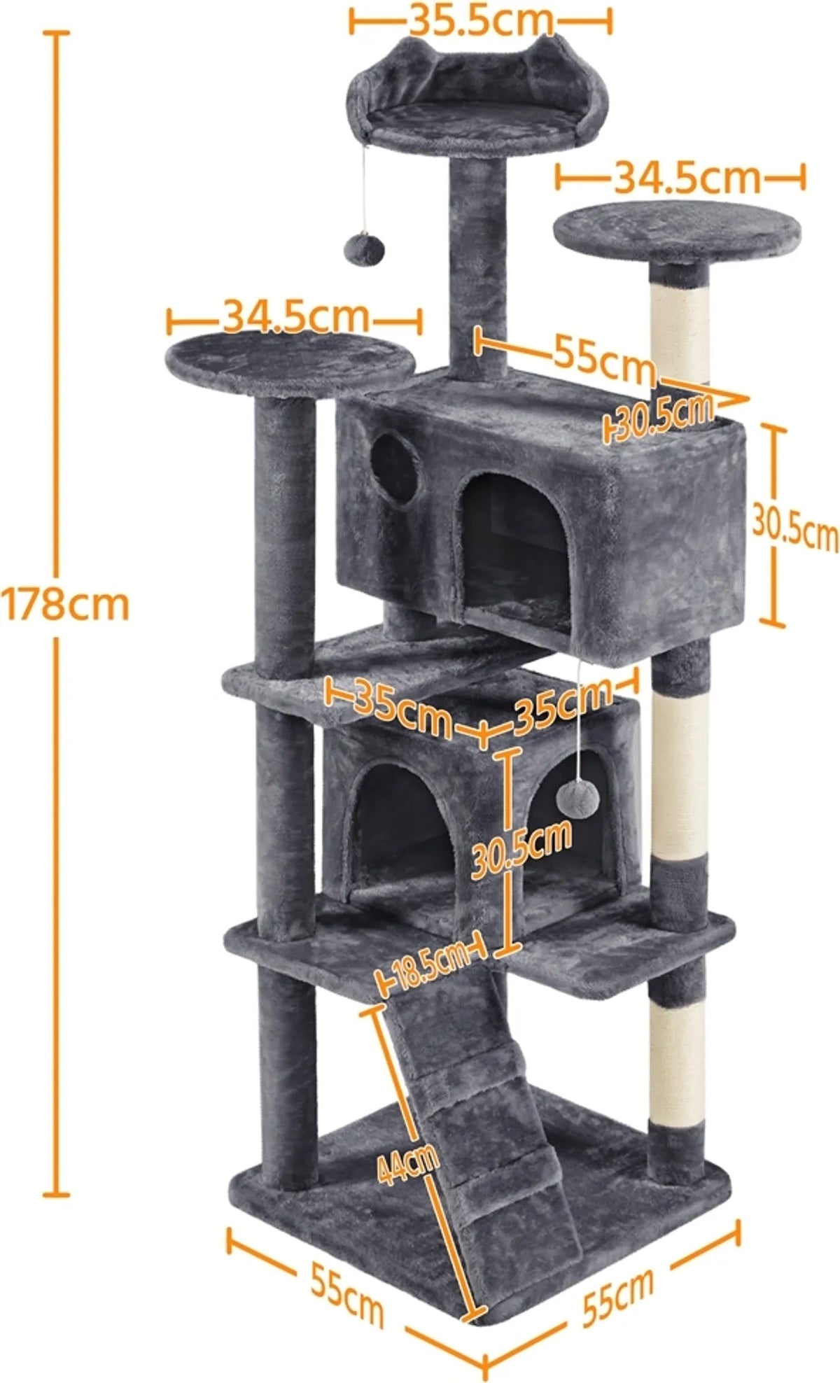Yaheetech Krabpaal met 2 Grotten - 178 cm hoog - 54 x 54 cm - Donkergrijs