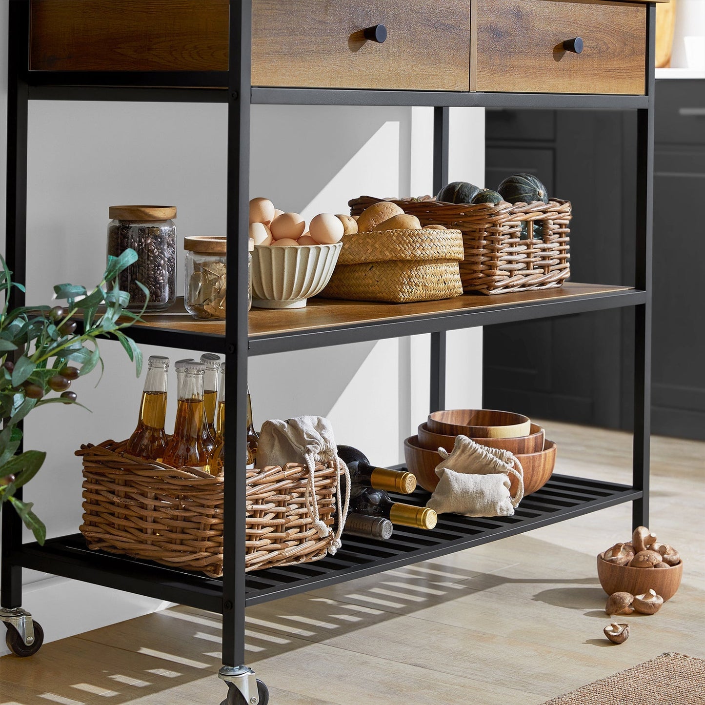 SoBuy Keukentrolley op wieltjes met 2 lades en 2 planken - 100x45x93 cm - Max. 60KG - Houtkleur donker