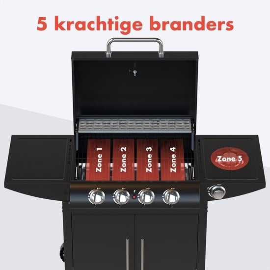 KitchenBrothers Gasbarbecue Incl.  Zijbrander - 5 Branders - Met Gasaansluiting - 42x57cm Grilloppervlak - Zwart