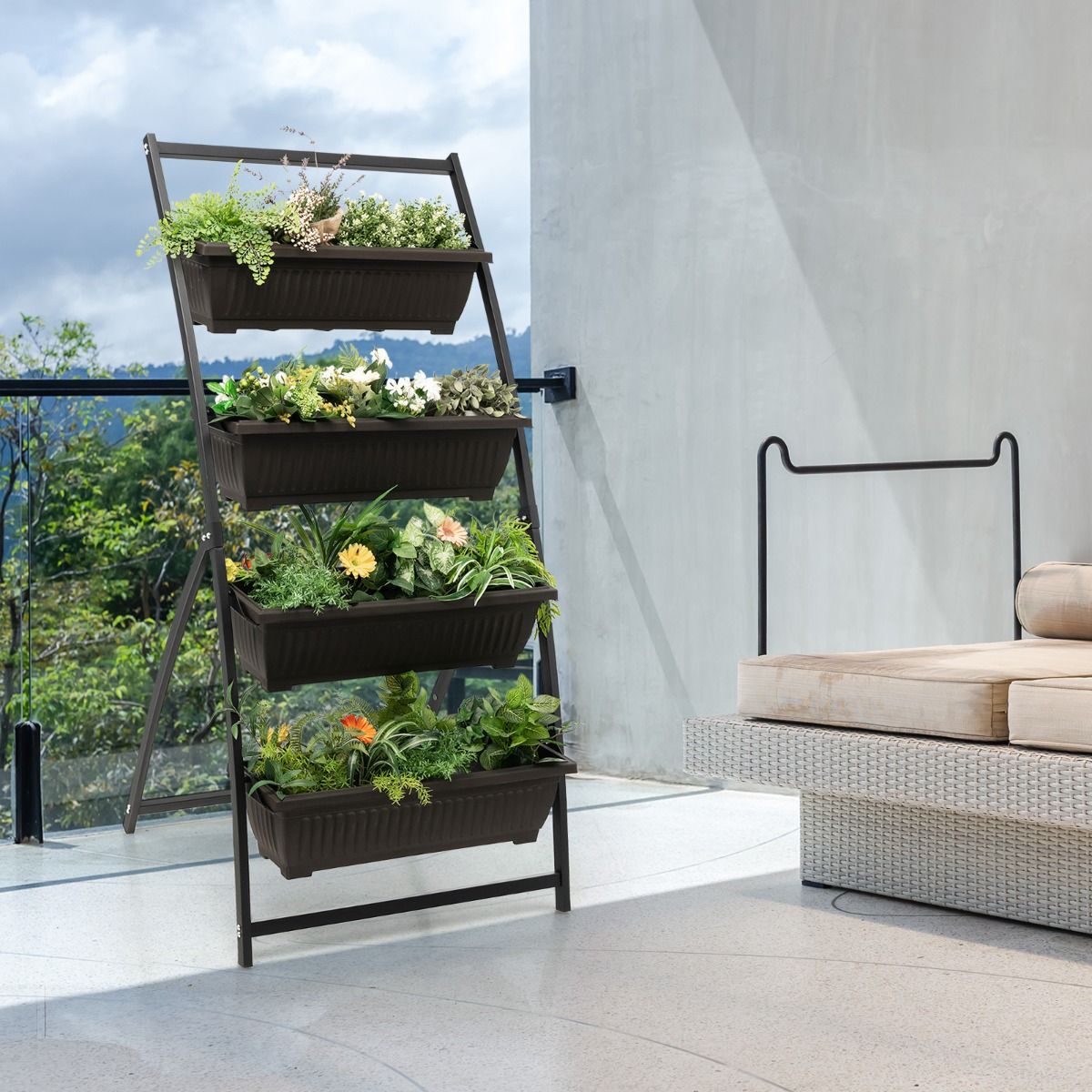 Coast Verticaal Bloembed - 4 lagen - Verhoogd met afneembare bakken - Zwart en bruin - 76 x 70,5 x 160 cm