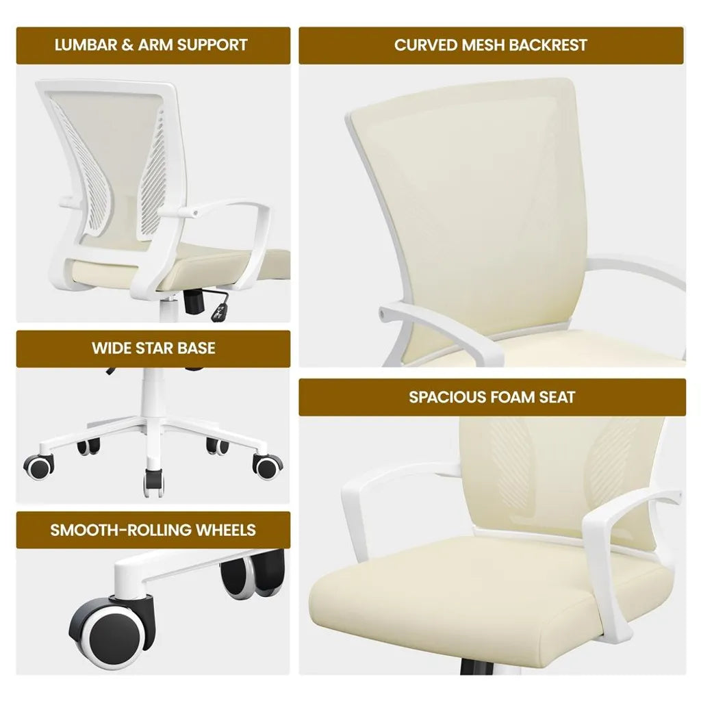 Yaheetech Ergonomische Bureaustoel 60 x 60 x 91-100,5 cm - Beige - Verstelbare Draaistoel met Mesh Rugleuning