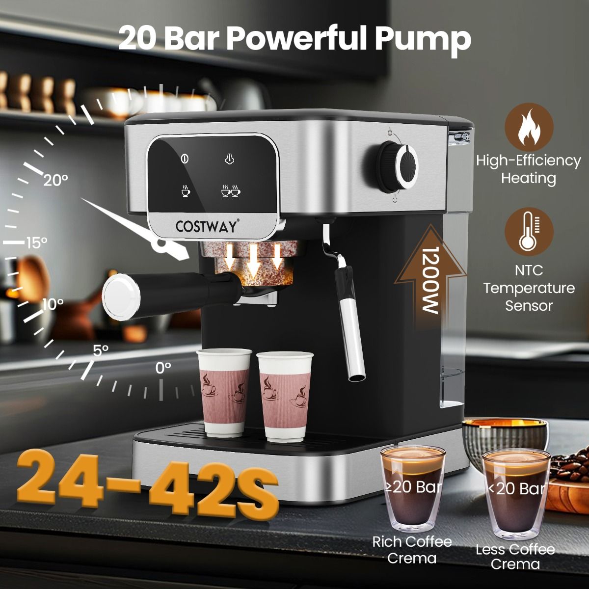 Coast Espressomachine 20 Bar 1200W - Stoom-melkopschuimer - 1,8L Waterreservoir - Touchscreen - Zwart/Zilver - 26x21x28cm