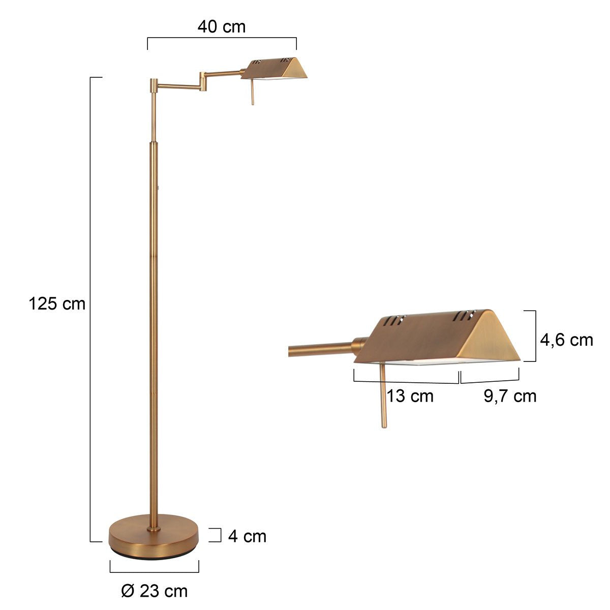 Vloerlamp GlowGo 4603BR - Bronzen klassieke vloerlamp van Mexlite met geïntegreerde accu, verstelbare arm en dimmer, hoogte 125 cm