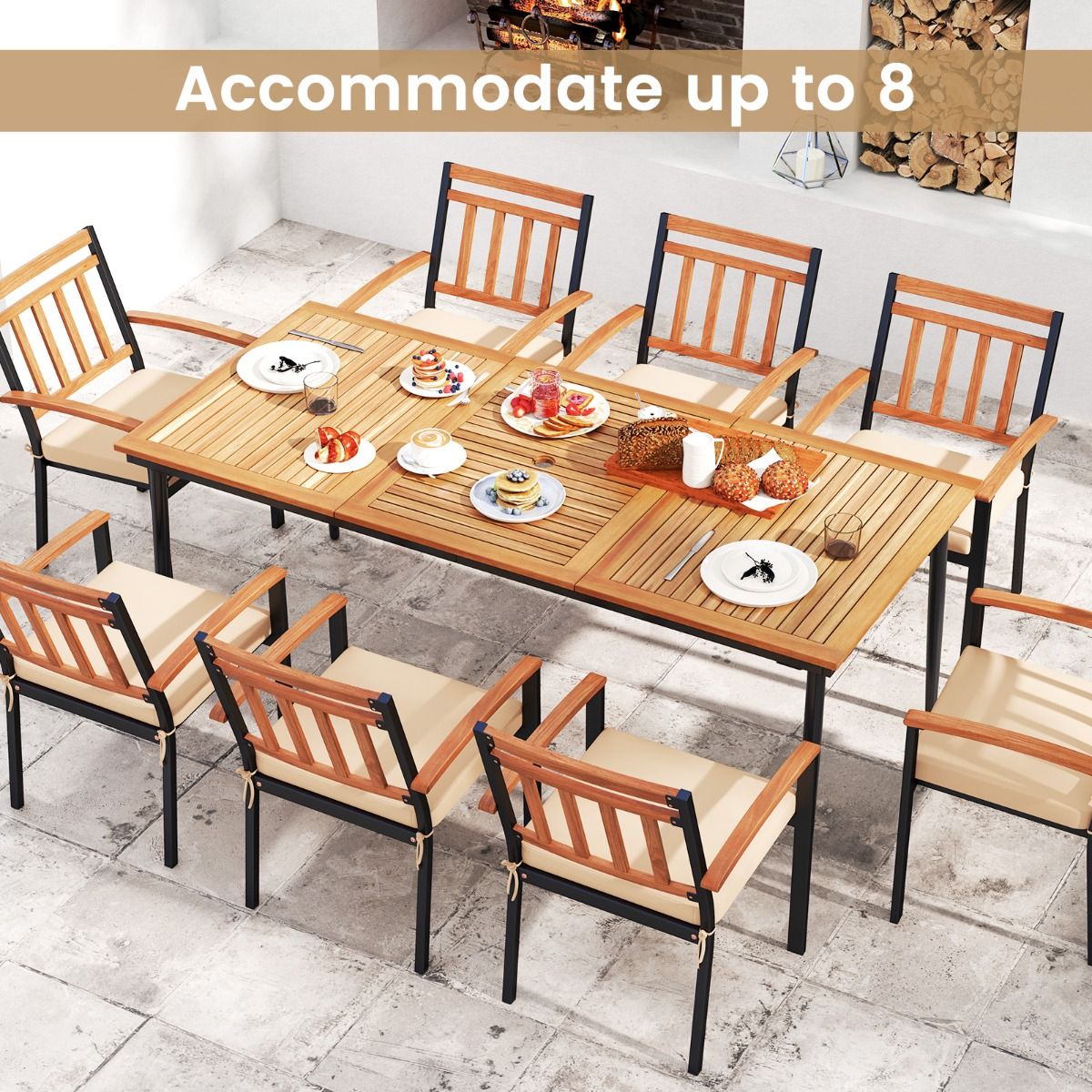 Coast tuintafel voor 8 personen - acaciahout met metalen poten - parasolgat 5 cm - naturel en zwart - 200 x 90 cm
