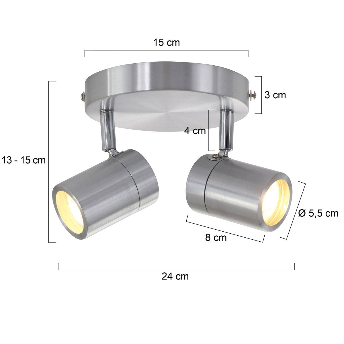 Staalkleurige 2-lichts spot Upround 2487ST - Draaibaar en kantelbaar - Modern design - Inclusief lichtbronnen - Mexlite - Geschikt voor binnen gebruik, IP44, max. diepte 15 cm