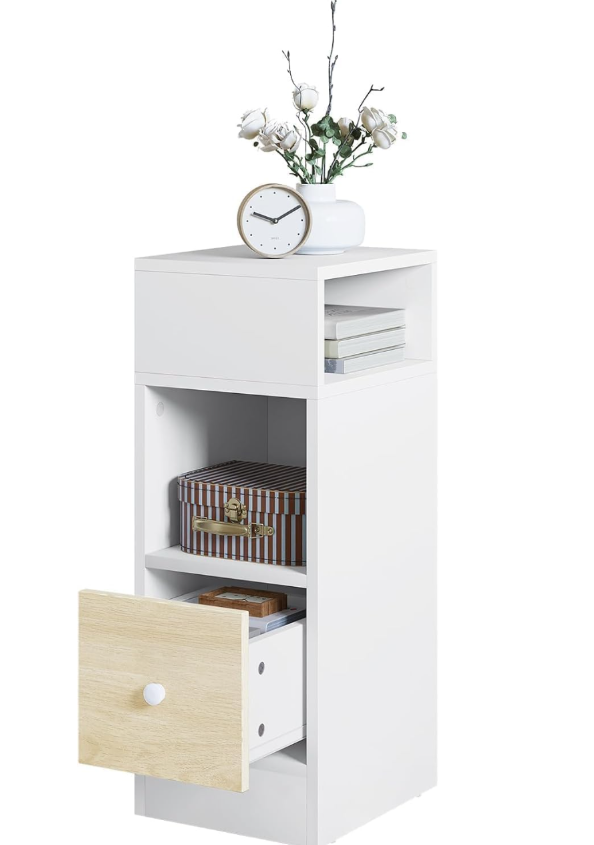 Woltu Nachtkastje met Lade en Planken - Wit/Eikenhout - 30 x 25 x 66 cm