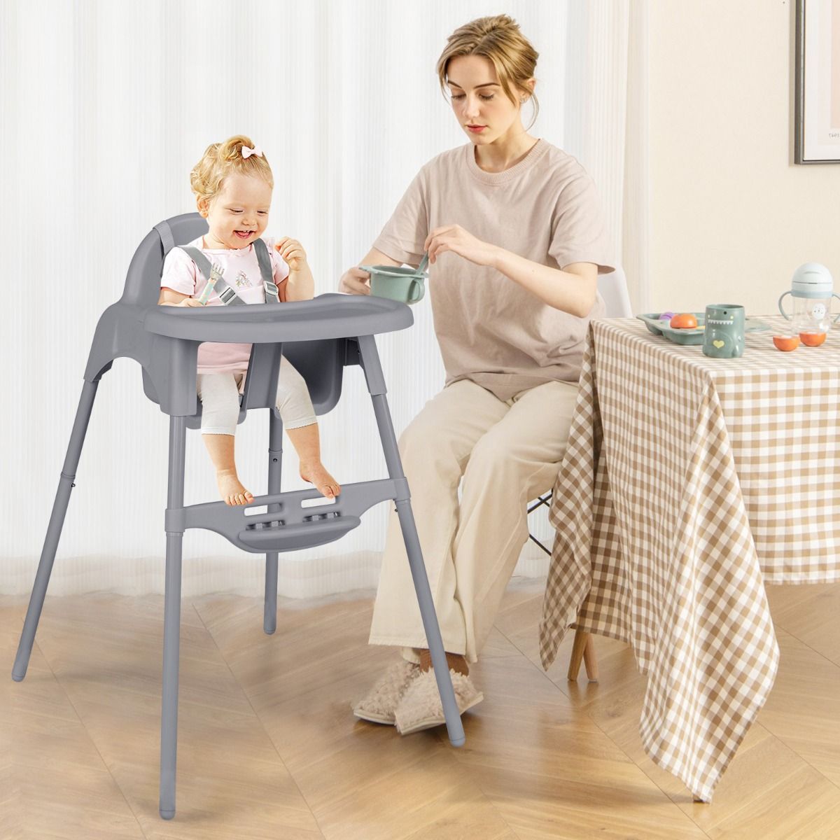Coast 4-in-1 kinderstoel - ombouwbaar tot peuterstoel en stoelverhoger - verstelbaar dienblad en voetensteun - grijs