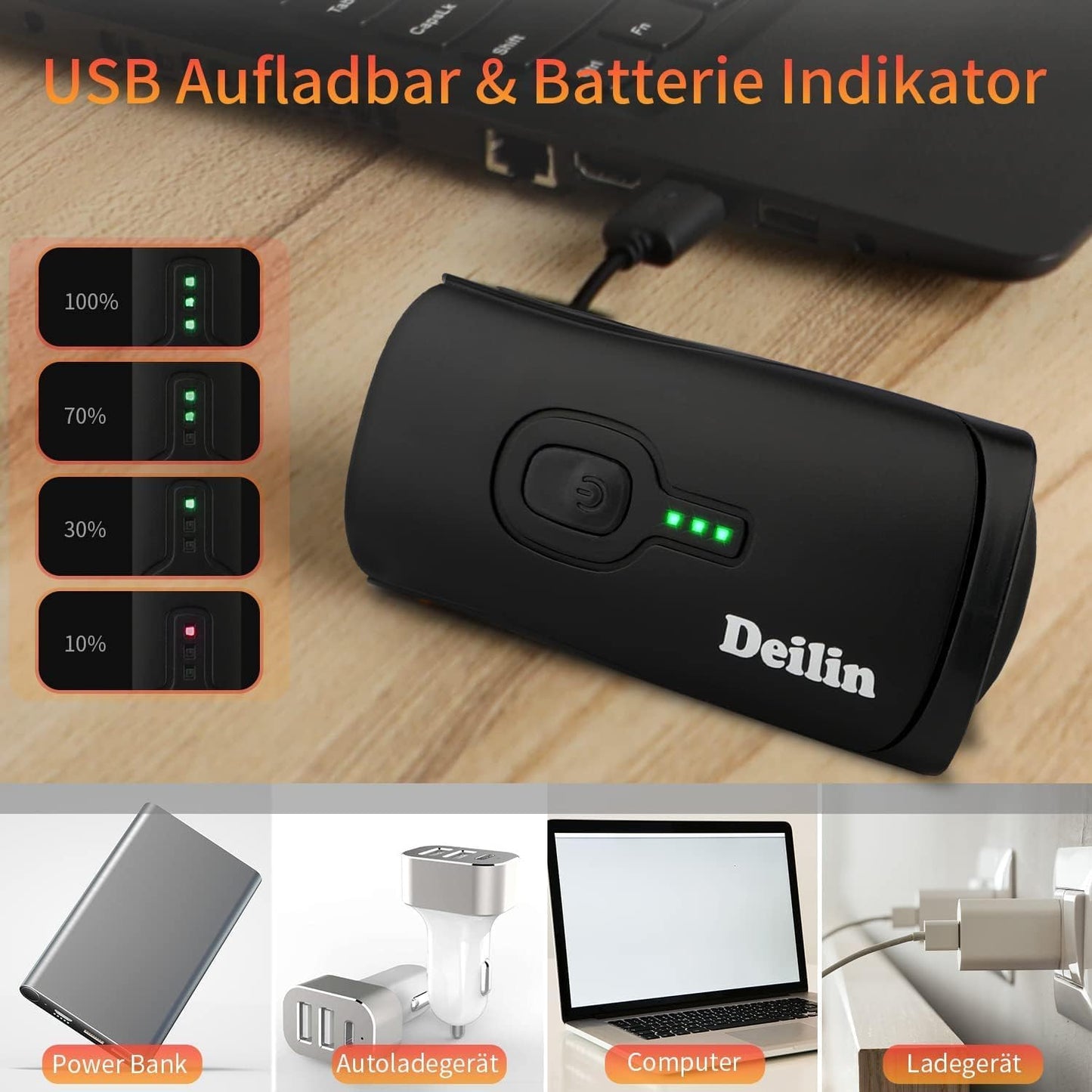 Deilin Fietsverlichting Set Premium – Voorzien Van Slimme Helderheidsregeling En Batterij-indicator En Ipx5 Waterdicht Frame – Voor Stuurmontage En Rijveiligheid – Zwart Polycarbonaat – 100 Lux
